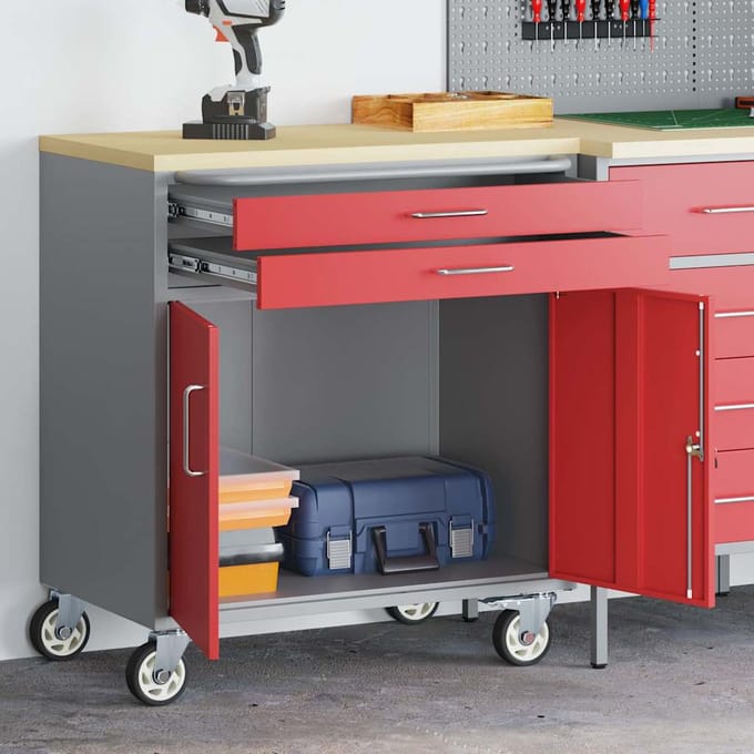 vidaXL - Trolley - Rolling - Workbench - Rood - en - Grijs - 75 - x - 45 - x - 85 - cm