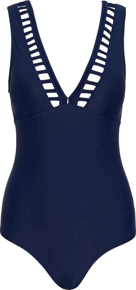 Badpak dames met v-hals en ajourdetail Navy - S (Valt klein)