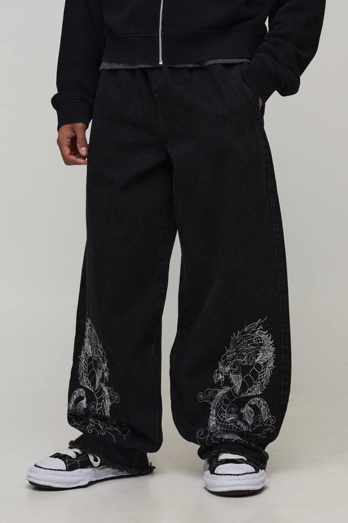 Jeans Met Geborduurd Drakendesign, Elastische Taille En Super Baggy Fit | Washed Black | Size 44R