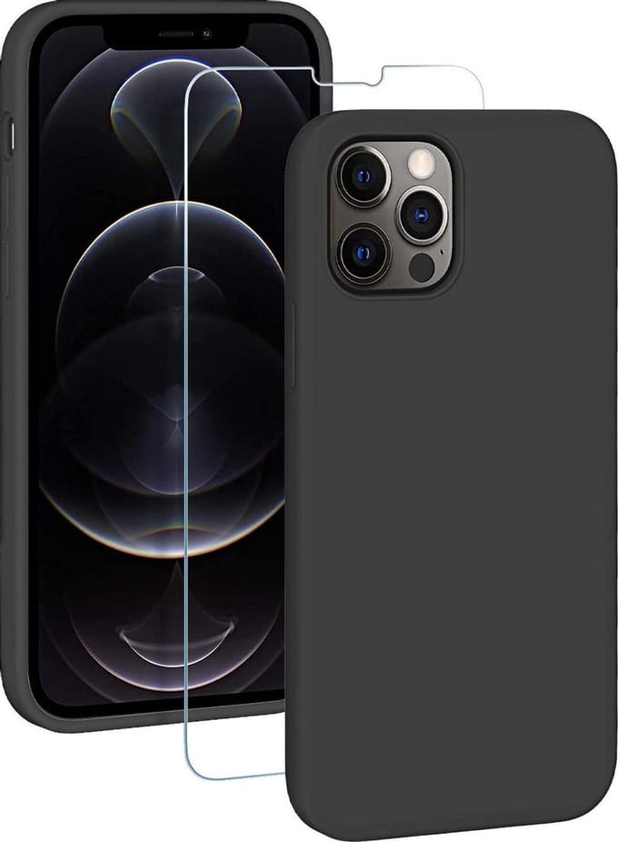 Back cover Hoesje Geschikt voor: iPhone 12 Pro Max Zwart TPU Siliconen Soft Case + 2X Tempered Glass Screenprotector