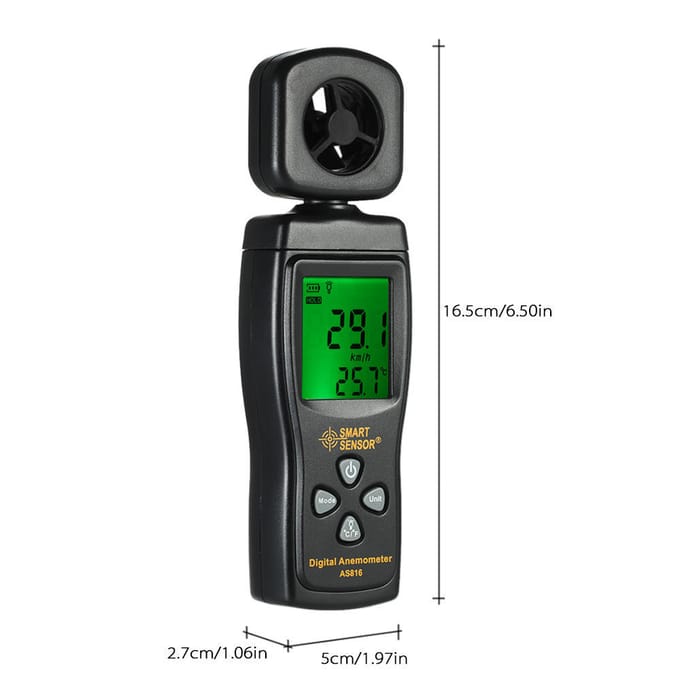 SMART SENSOR Mini-anemometer LCD Digitale windsnelheidsmeter Luchtsnelheid Temperatuurmeting zwart