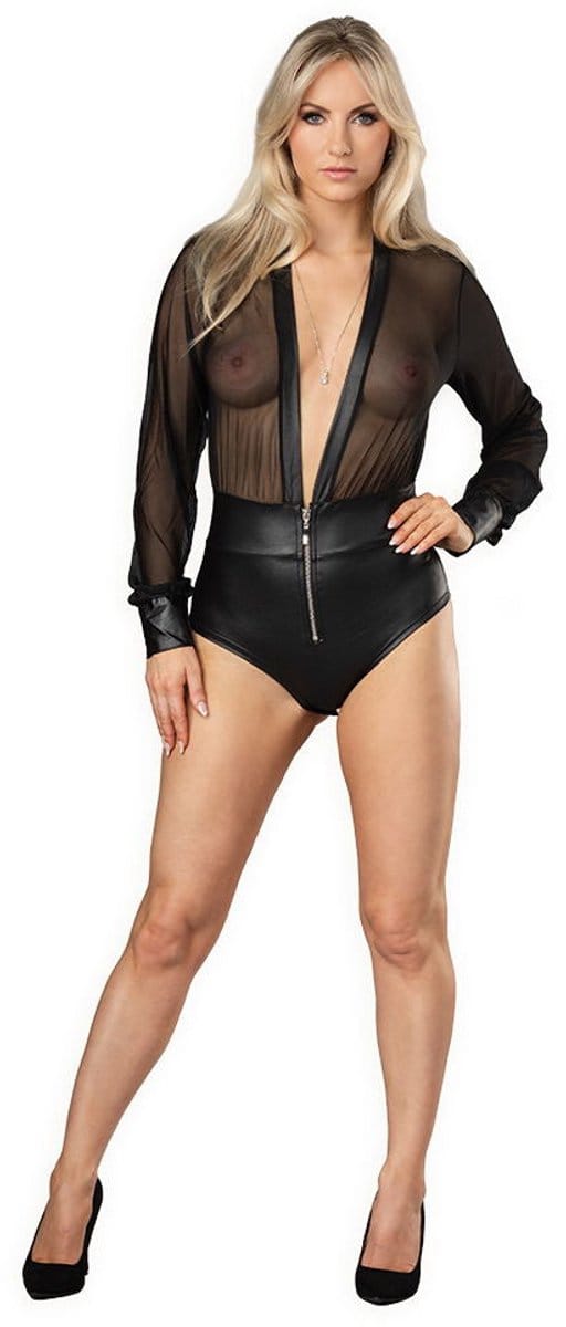 Amorable - Sexy Wetlook Body met Rits - Zwart M/L