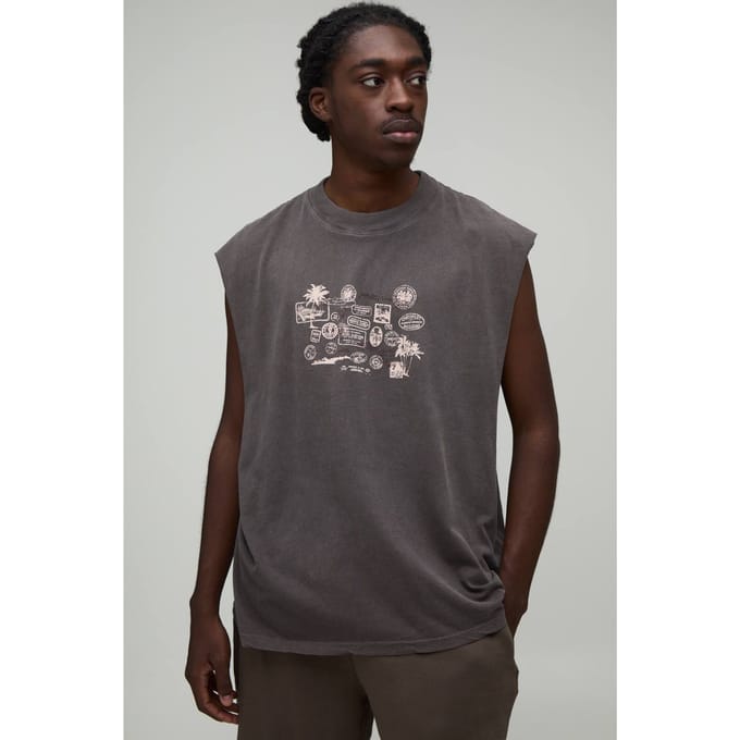 Gewassen Chocoladebruin Oversized Tanktop Met Ansichtkaartprint | Washed Chocolate | Size Large