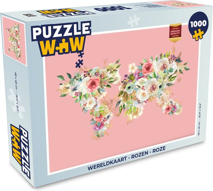 Puzzel Wereldkaart - Rozen - Roze - Legpuzzel - Puzzel 1000 stukjes volwassenen
