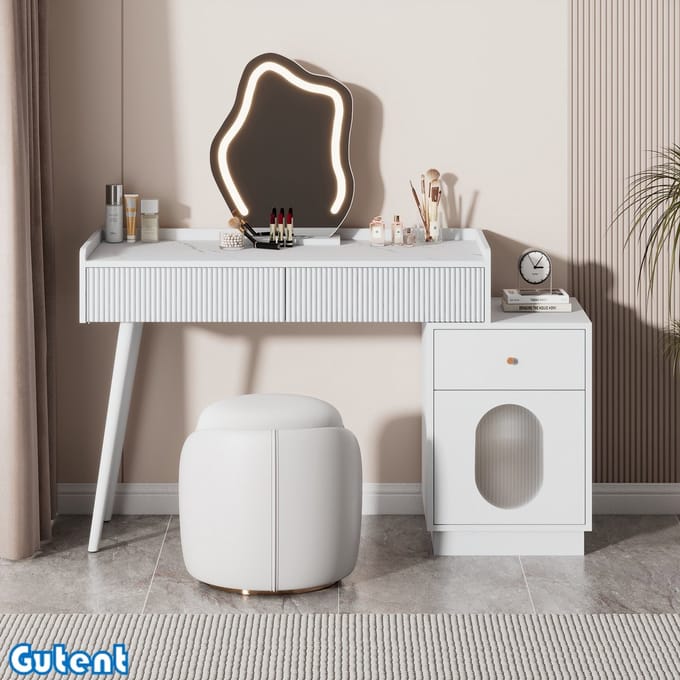 Gutent Kaptafel - met LED Spiegel en verlichting - Wit - Drie laden - afmetingen: B100/H75/D40 cm (Zonder kruk)