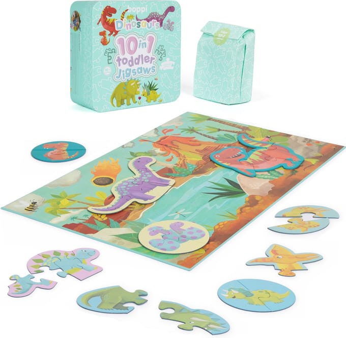 Stoere dino's puzzel (set) - 10 varianten - speciaal voor peuters - gemaakt van recycled karton