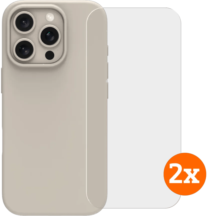 BlueBuilt Back Cover iPhone 16 Pro Beige + Screenprotector Glas Duo Pack