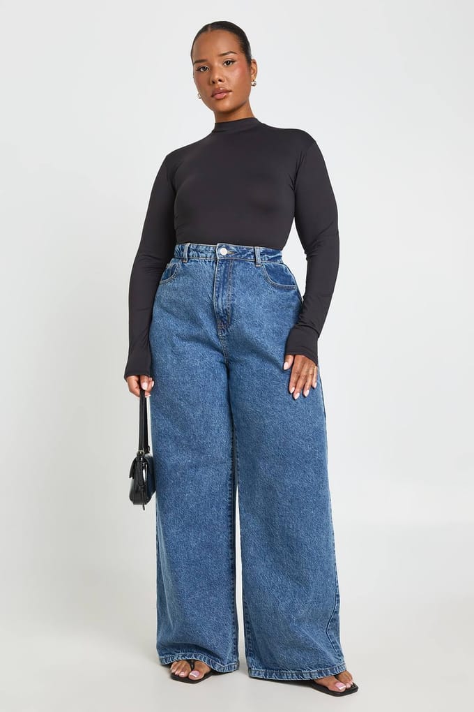 boohoo Dames Plus Second Skin Ronde Hals Lange Mouw Bodysuit | Zwart | Maat: 44