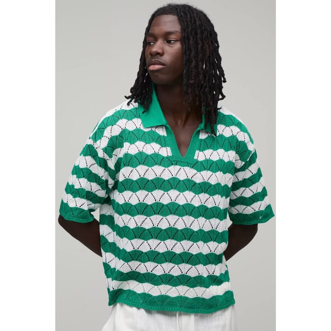 Oversized Boxy Wavy Open Stitch Knitted Polo T-Shirt | Green | Size Small