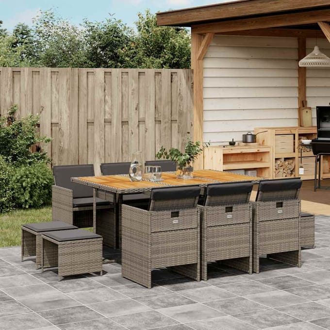 vidaXL - 11-delige - Tuinset - met - kussens - poly - rattan - grijs