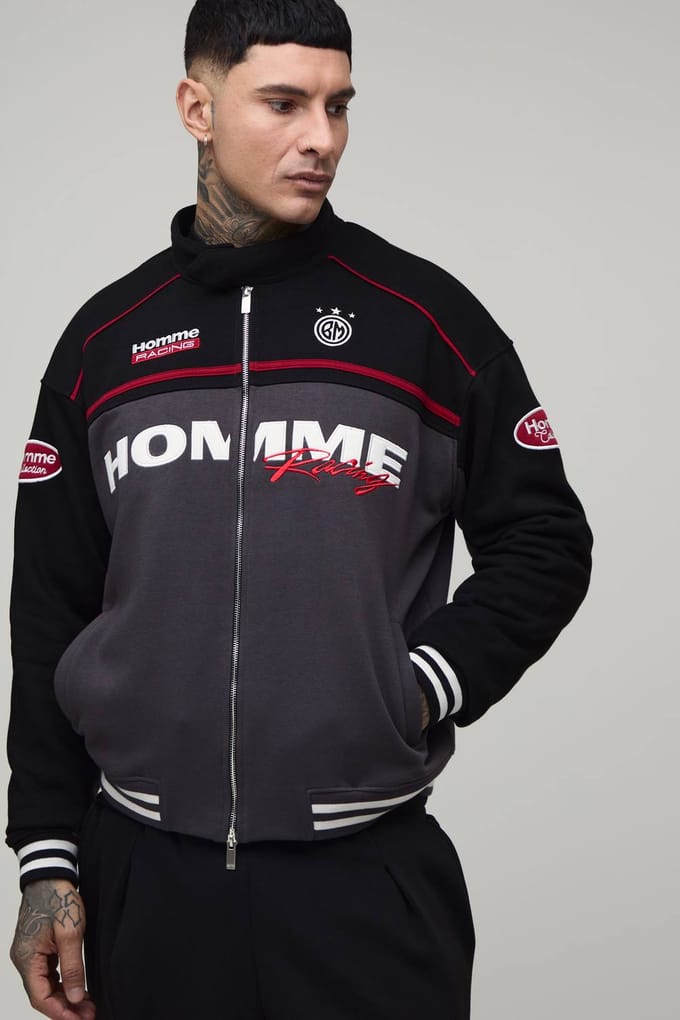 Tall Boxy Fit Biker Collared Colour Block Moto Jersey Jacket | Black | Size Medium