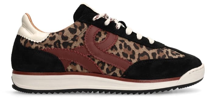 Manfield - Dames - Zwarte suède sneakers met leopard details - Maat 36