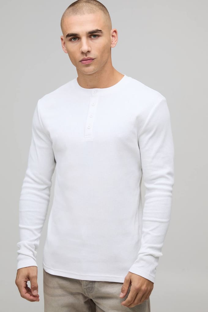 Muscle Fit geribbeld Henley T-shirt met Henley-hals | White | Size Medium