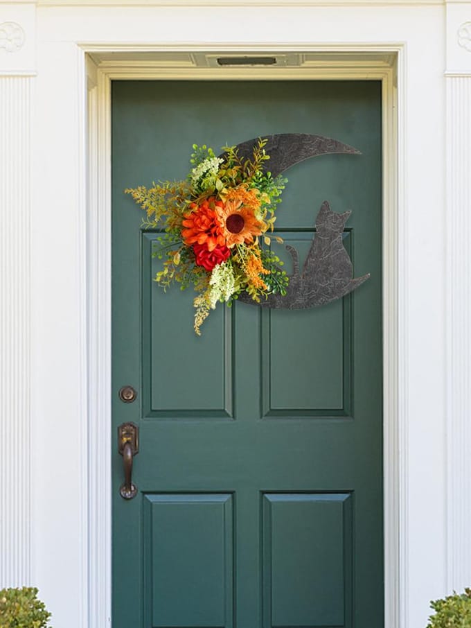 Halloween Maan Kat Krans Deurhanger Decoratie Kunstbloem Halloween Krans black