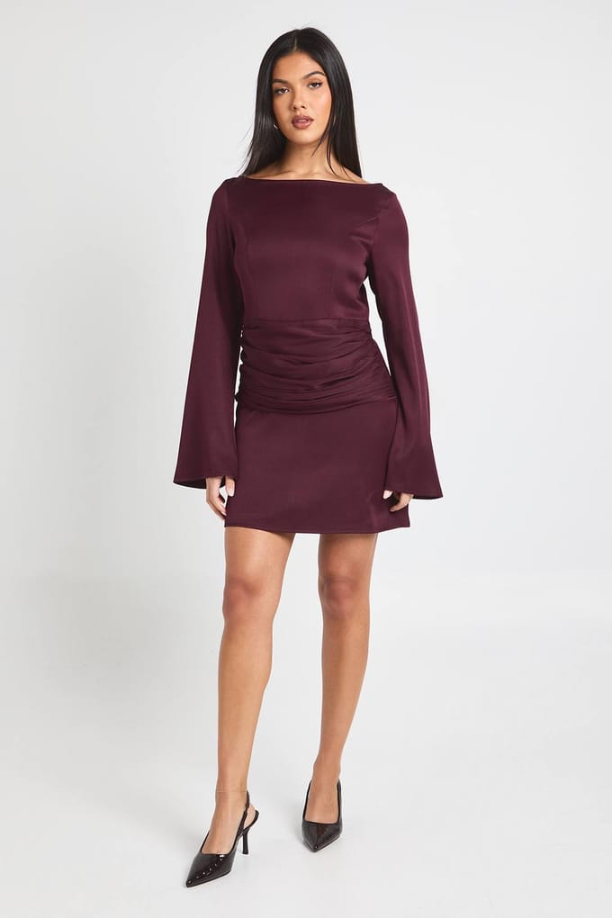 boohoo Dames Satijnen Wikkel Taille Lange Mouw Mini Jurk | Fig | Maat: 10