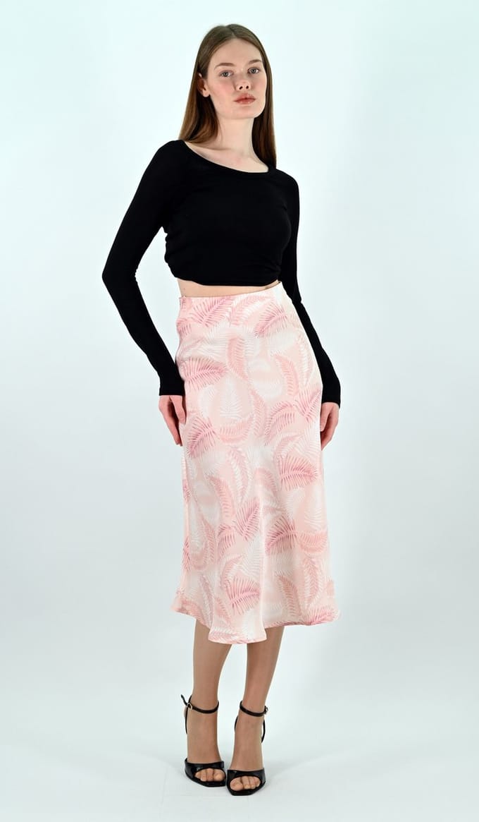 YesMooi - Satijnen Midirok - Lichtroze - Palmprint - XL (42)