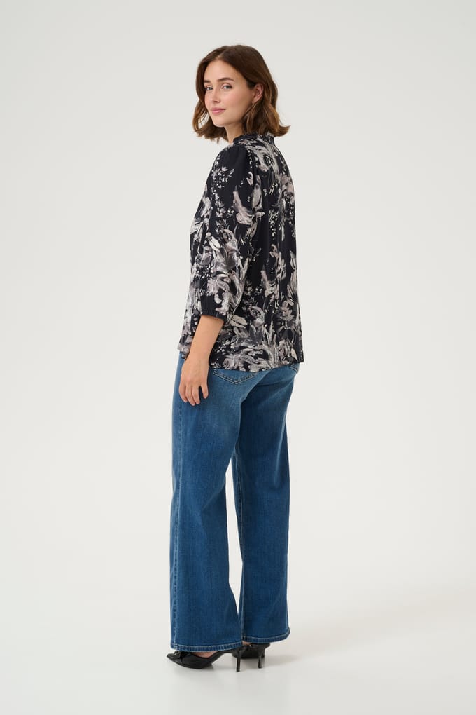Blouse met lange mouwen A-shape Black/White Painted Flower floral