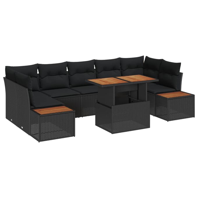vidaXL Tuin Eettafel Set met kussen 8 pcs Zwart en Bruin