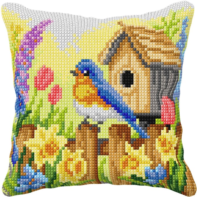kruissteekkussen 99122 vogel met vogelhuisje