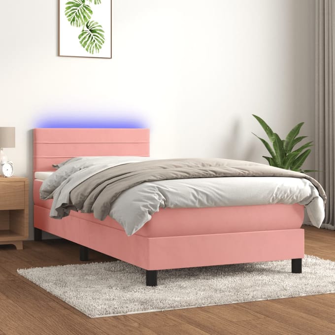 vidaXL - Boxspring - met - matras - en - LED - fluweel - roze - 90x200 - cm