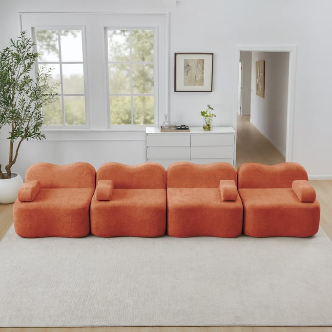 MODFU Modulaire Bank - Golfvorm - Diepe Zitting - Woonkamer - Fluweel - Oranje