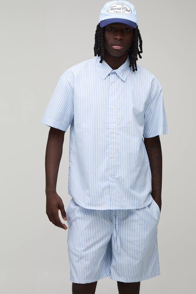 Gestreepte Oversized Shirt & Baggy Short Set | Blue | Size Medium