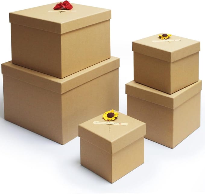 Set van 5 Vierkante Geschenkdozen met Deksel in Diverse Maten - Kraft Cadeaudozen