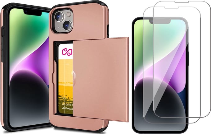 Hoesje met Pasjeshouder geschikt voor iPhone 15 Plus - Screen Protector FullGuard - Back Cover SlideCase Roségoud & Screenprotector