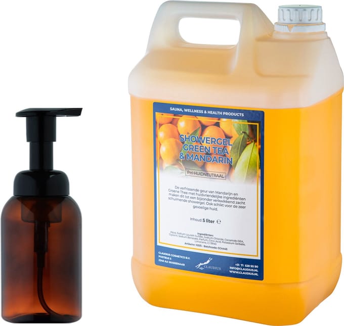 Zeepdispenser 300 ml amber bruin hervulbaar + 5 liter Showergel Green Tea & Mandarin navulling