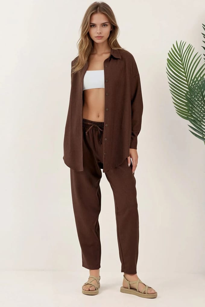 Linnenmix Lange Mouw Shirt en Broek Co-ord Set