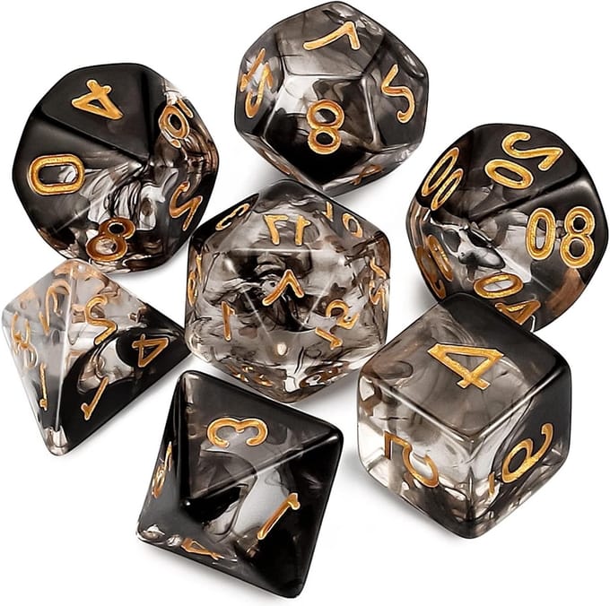Set van 7 Polyhedral Dobbelstenen voor Dungeons and Dragons, RPG en Bordspellen (Transparant met Zwarte Wolken)