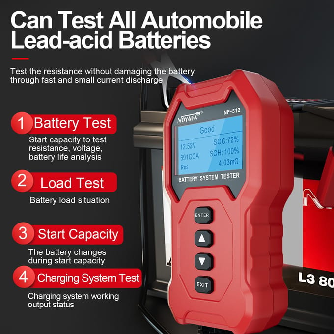 NOYAFA NF-512 Analyseur de Testeur de Batterie de Voiture 12V 24V Analyseur de Batterie Automobile Prise de Charge Rapide rouge