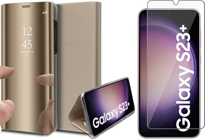 Hoesje geschikt voor Samsung Galaxy S23 Plus - Screen Protector GlassGuard - Book Case Spiegel Goud & Screenprotector