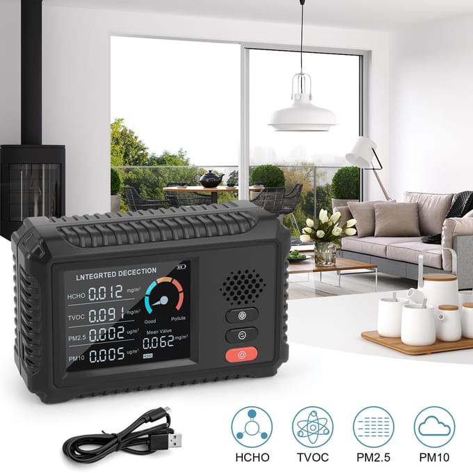 Luchtkwaliteitsmonitor Formaldehydedetector TVOC PM2.5/PM10-tester Multifunctionele luchtgasdetector zwart