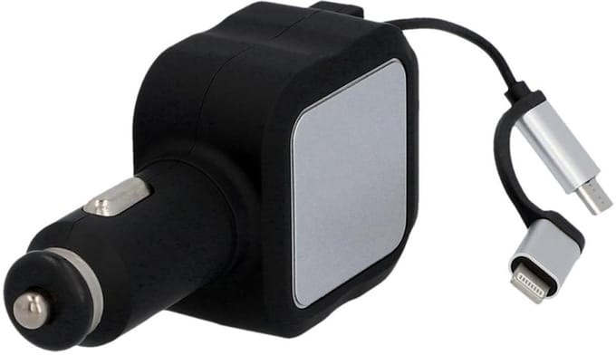 Cartrend dubbele USB autolader met uitschuifbare micro-USB kabel, zwart