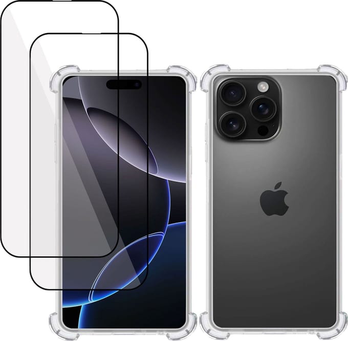Hoesje + 2x Screenprotector geschikt voor Apple iPhone 16 Pro – Full Screen Tempered Glass - Extreme Shock Case Transparant