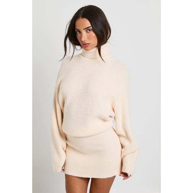 boohoo Dames Kleine ingesnoerde zoom hoge hals gebreide minijurk | Creme | Maat: Medium