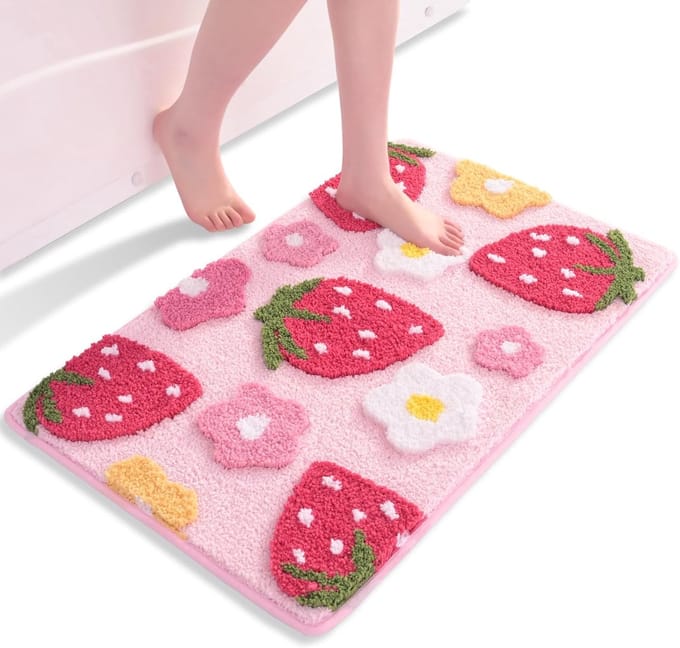 Badmat - Roze, aardbei print, antislip, wasbaar, zacht microvezel, absorberend, 40x60cm