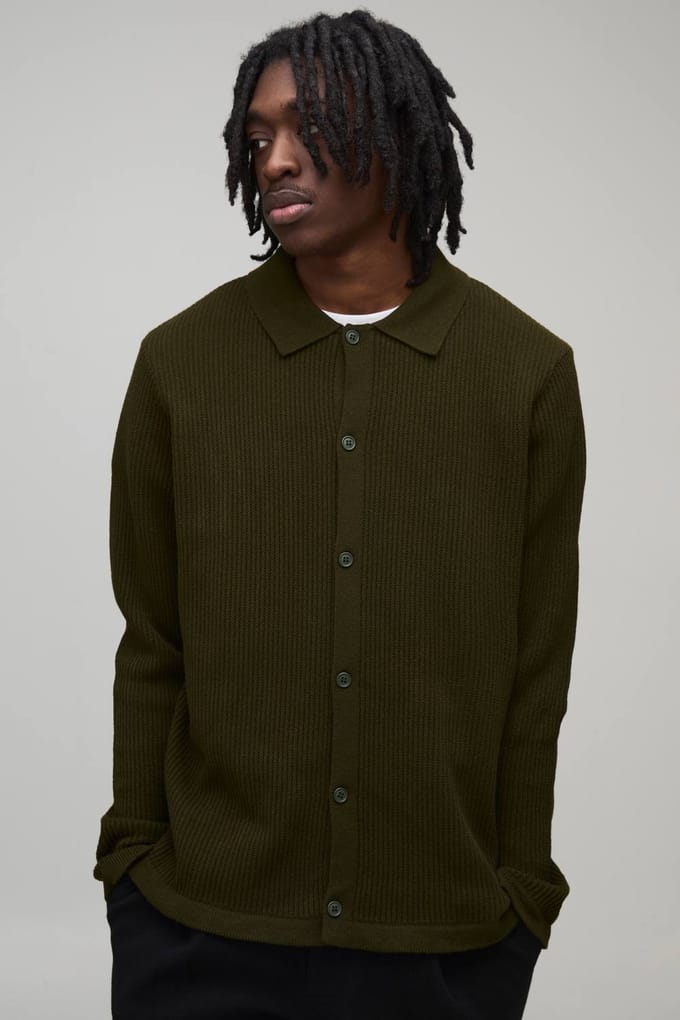 Regular Fit Collared Knitted Shirt | Khaki | Size Medium