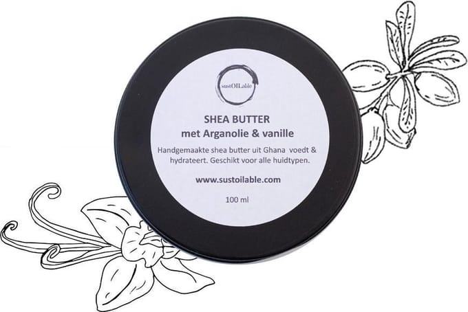 Set shea butter met arganolie en vanille 10 ml blikje en 100 ml blik - recyclebaar