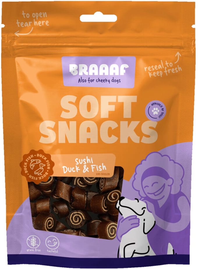 Braaaf Hondensnack Sushi Eend - Vis - 10 x 85 gr - Voordeelverpakking