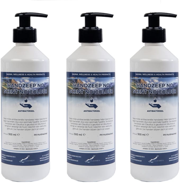 Handzeep No Scent, No Colour 500 ml - met gratis pompje - set van 3 stuks