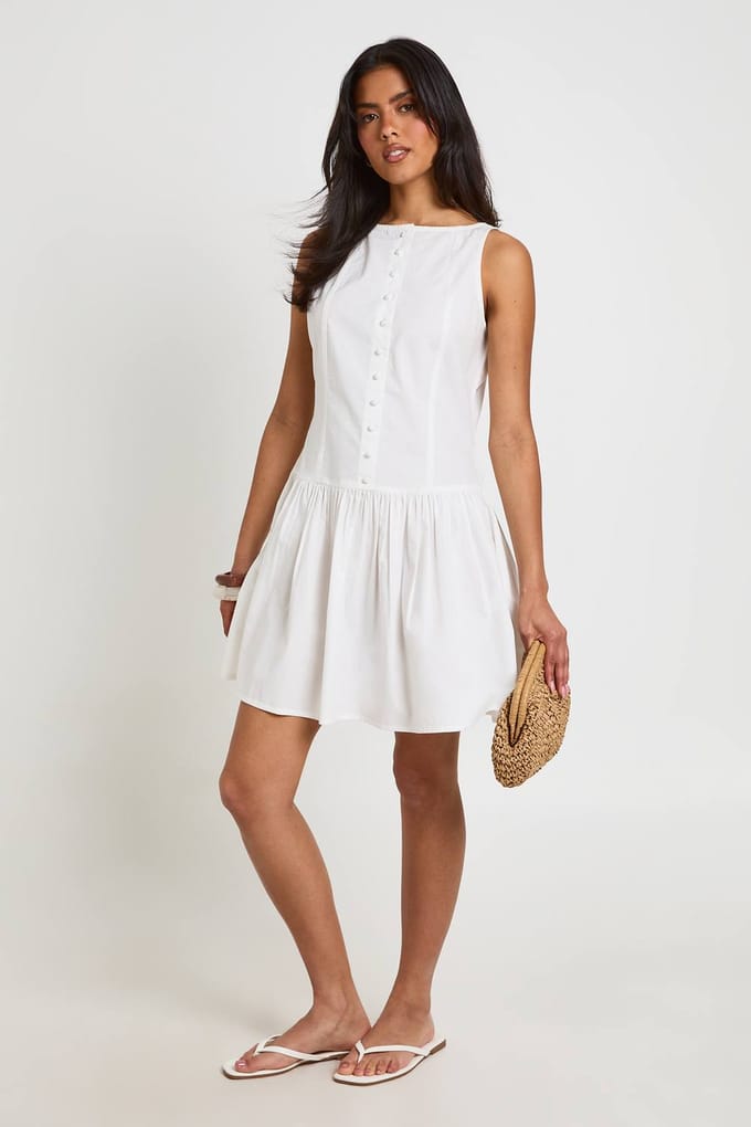 boohoo Dames Katoenen Popeline Mini-jurk Met Knoopsluiting En Boothals | Wit | Maat: 36