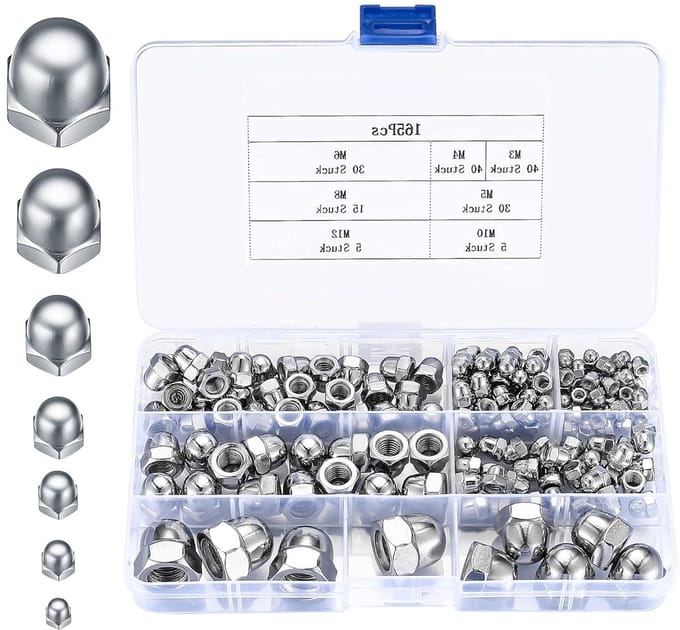 Complete Set van 165 Stuks Hoedmoeren in Diverse Maten, RVS Hexagon Moeren met Opbergdoos voor Klusprojecten