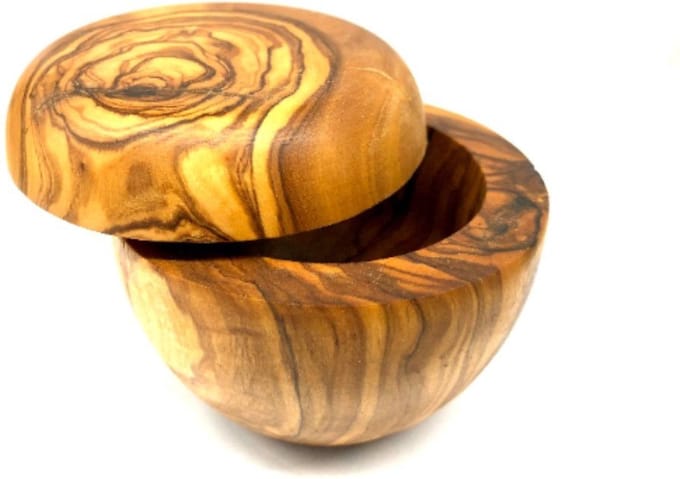 D.O.M. Olijfhouten Scheerkom met Deksel - Luxe Scheerbakje 7 cm Hoog 9 cm Diameter