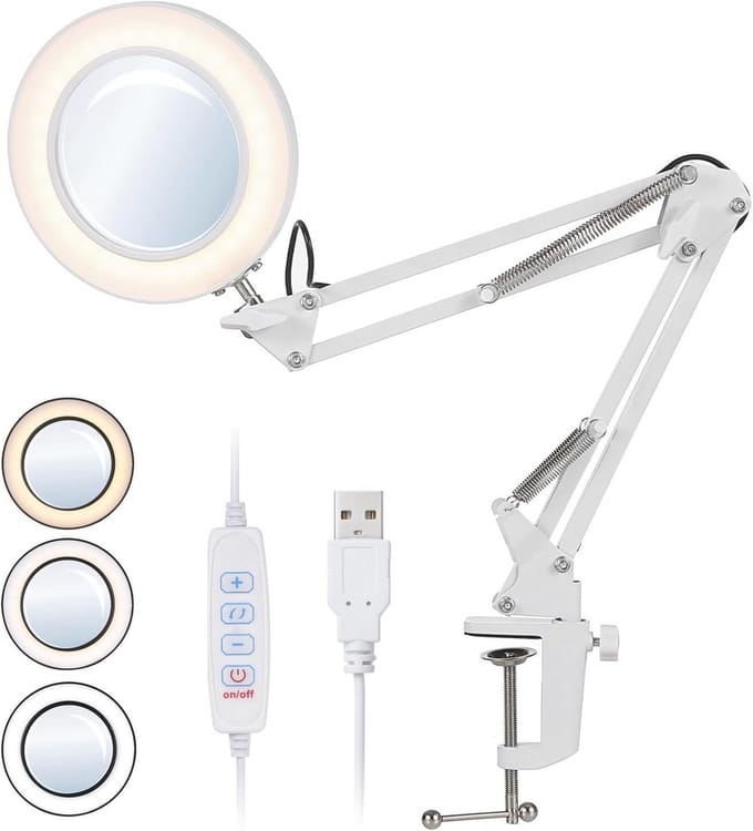 Vergrootglas Led Bureaulamp met Verstelbare Klem en Draaibare Arm - 3 Kleurmodi en 10 Heldere Standen