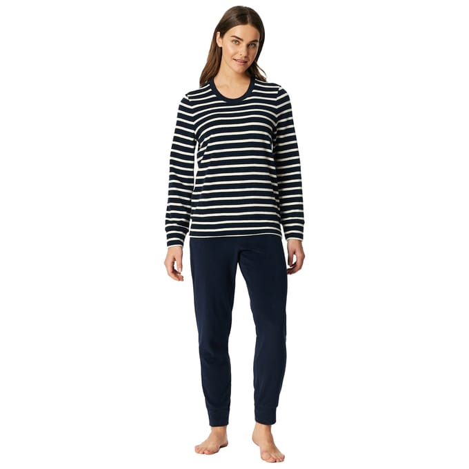 SCHIESSER dames Cotton Essentials Pyjama lang - dames pyjama set - nachtblauw gestreept