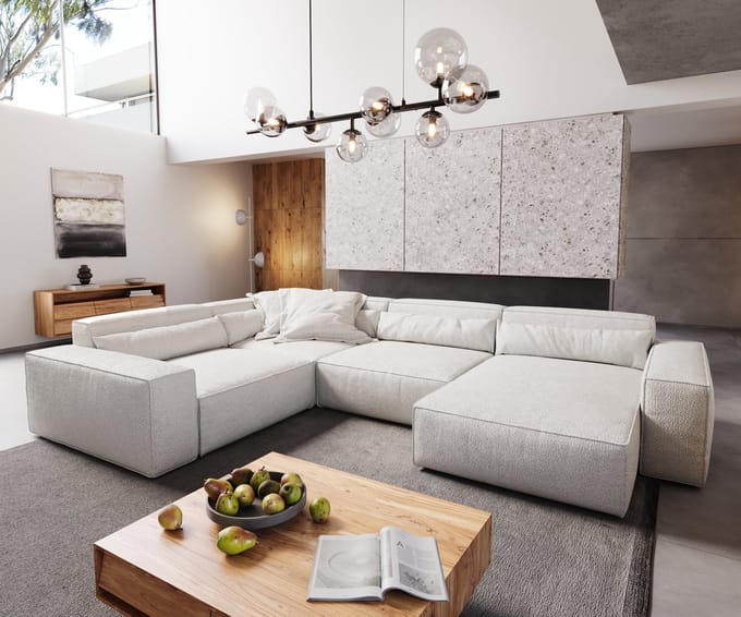 Woonkamerlandschap Sirpio XL 360x260 cm Bouclee crème-wit recamiere variabele