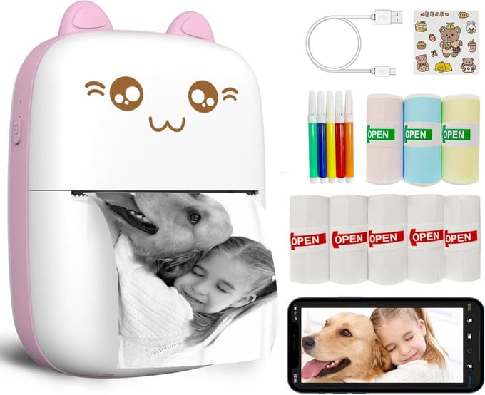 Draagbare Mini-Printer - Roze - Thermische Stickerprinter met 8 Rollen Papier - Voor Dagboek en Memo's