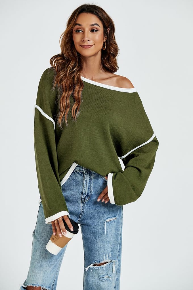Wit gestreepte oversized trui-top in khaki